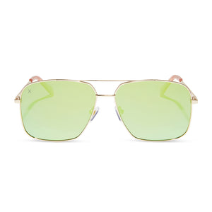 dime optics encino aviator sunglasses with a gold metal frame and cyan mirror lenses front view