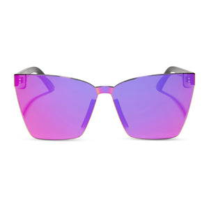 dime optics glendale cat eye sunglasses with a black frame and candy pink mirror lenses front view