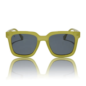 dime optics featuring the malibu square sunglasses with a valley green frame and grey polarized lenses front view