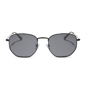 dime optics roxbury round sunglasses with a black metal frame and grey polarized lenses front view