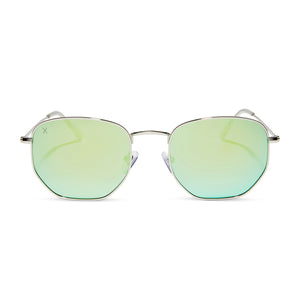 dime optics roxbury round sunglasses with a silver metal frame and cyan mirror polarized lenses front view