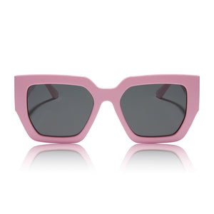 rissa g x dime optics she's a 10 square sunglasses with a babygirl pink frame with a grey polarized lenses front view