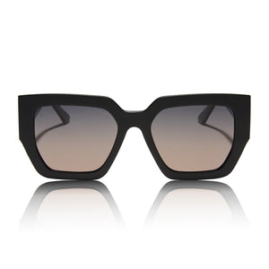 rissa g x dime optics she's a 10 square sunglasses with a glossy black frame with a dusk polarized lenses front view