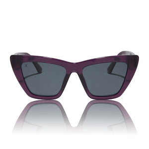 dime optics featuring the windsor cat eye sunglasses with a amethyst purple frame and grey polarized lenses front view