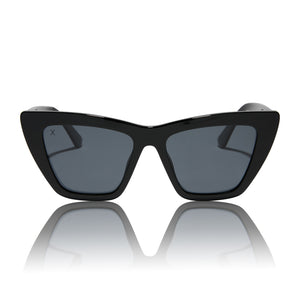 dime optics featuring the windsor cat eye sunglasses with a black frame and grey polarized lenses front view