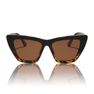 dime optics featuring the windsor cat eye sunglasses with a black tortoise frame and brown polarized lenses front view