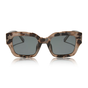 nathalie paris x dime optics amore square sunglasses with a oat tortoise frame and grey polarized lenses front view