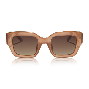 nathalie paris x dime optics amore square sunglasses with a taupe crystal frame and brown gradient polarized lenses front view