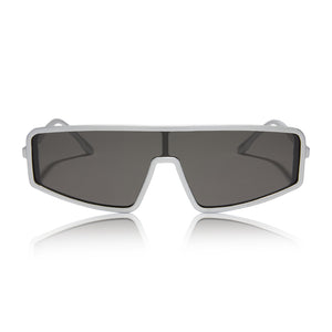 nathalie paris x dime optics mira shield sunglasses with a silver frame and grey polarized lenses front view