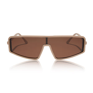 nathalie paris x dime optics mira shield sunglasses with a solid taupe frame and brown polarized lenses front view