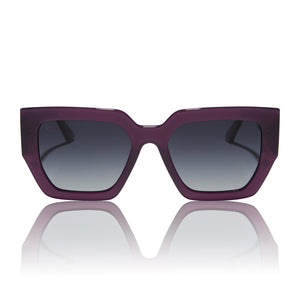 rissa g x dime optics she's a 10 square sunglasses with a amethyst purple frame and grey gradient polarized lenses front view